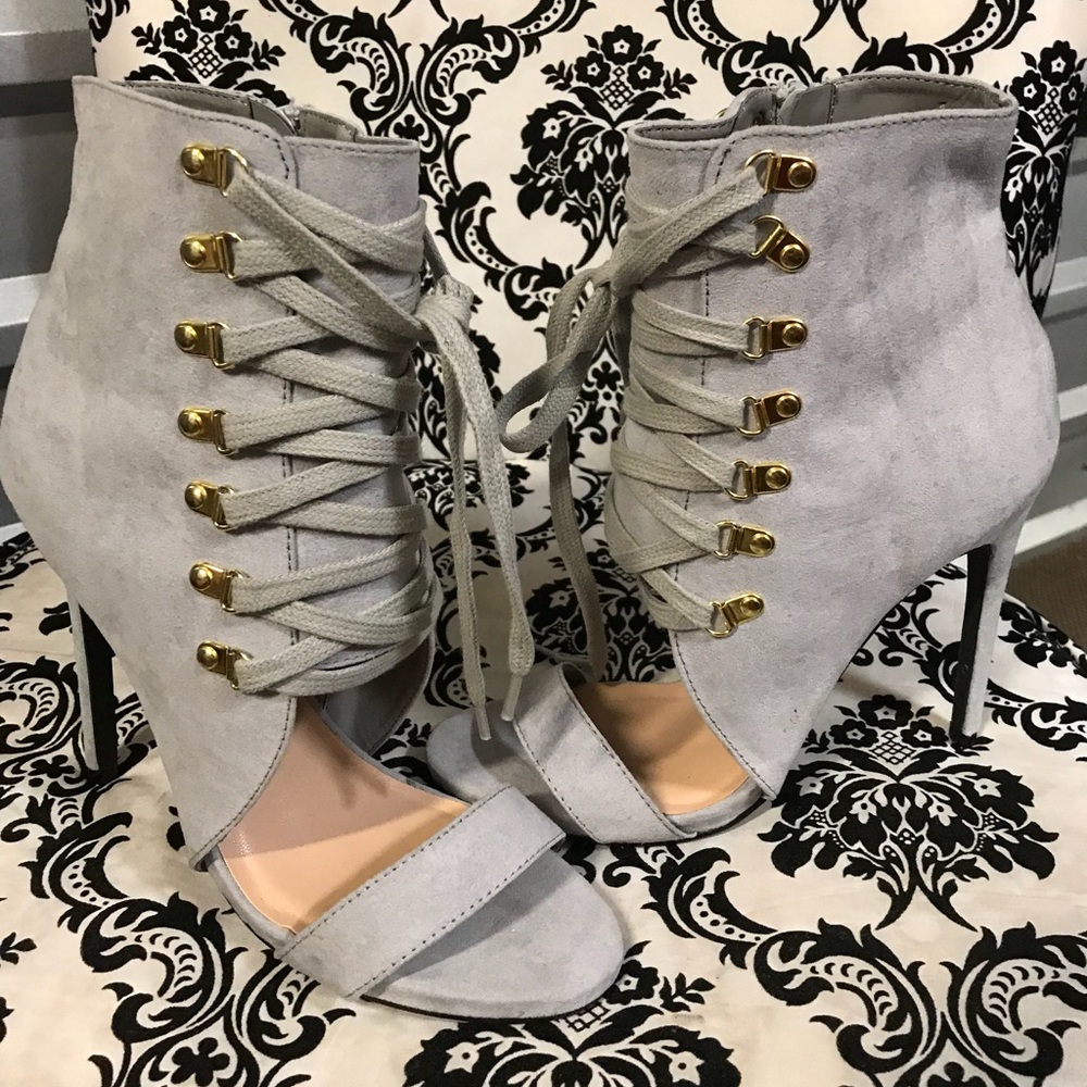 New gray and gold lace up heels